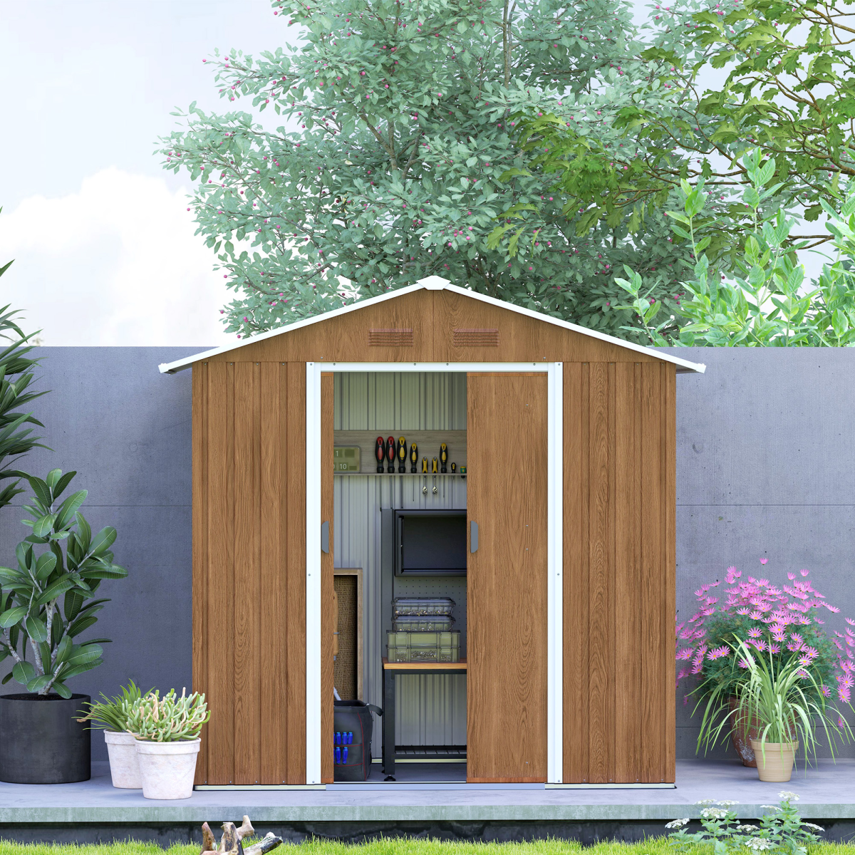 6.5x3.5ft Metal Garden Shed for Garden, Brown Wood Effect