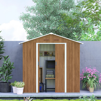 6.5x3.5ft Metal Garden Shed for Garden, Brown Wood Effect