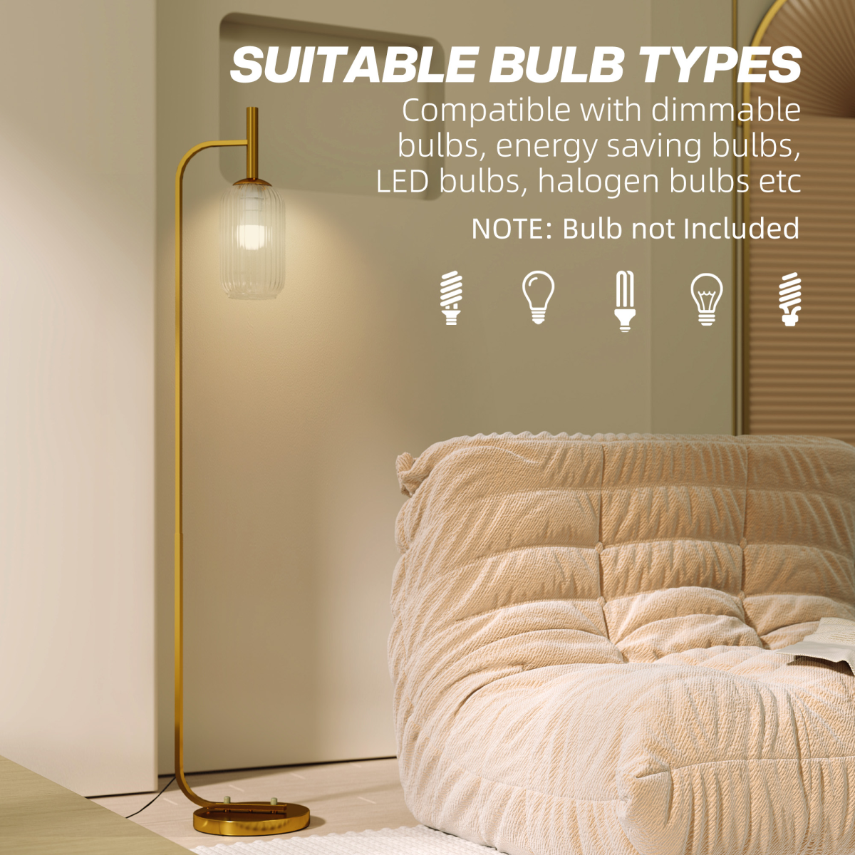 Modern Floor Lamp with Glass Lampshade, Foot Switch for Living Room