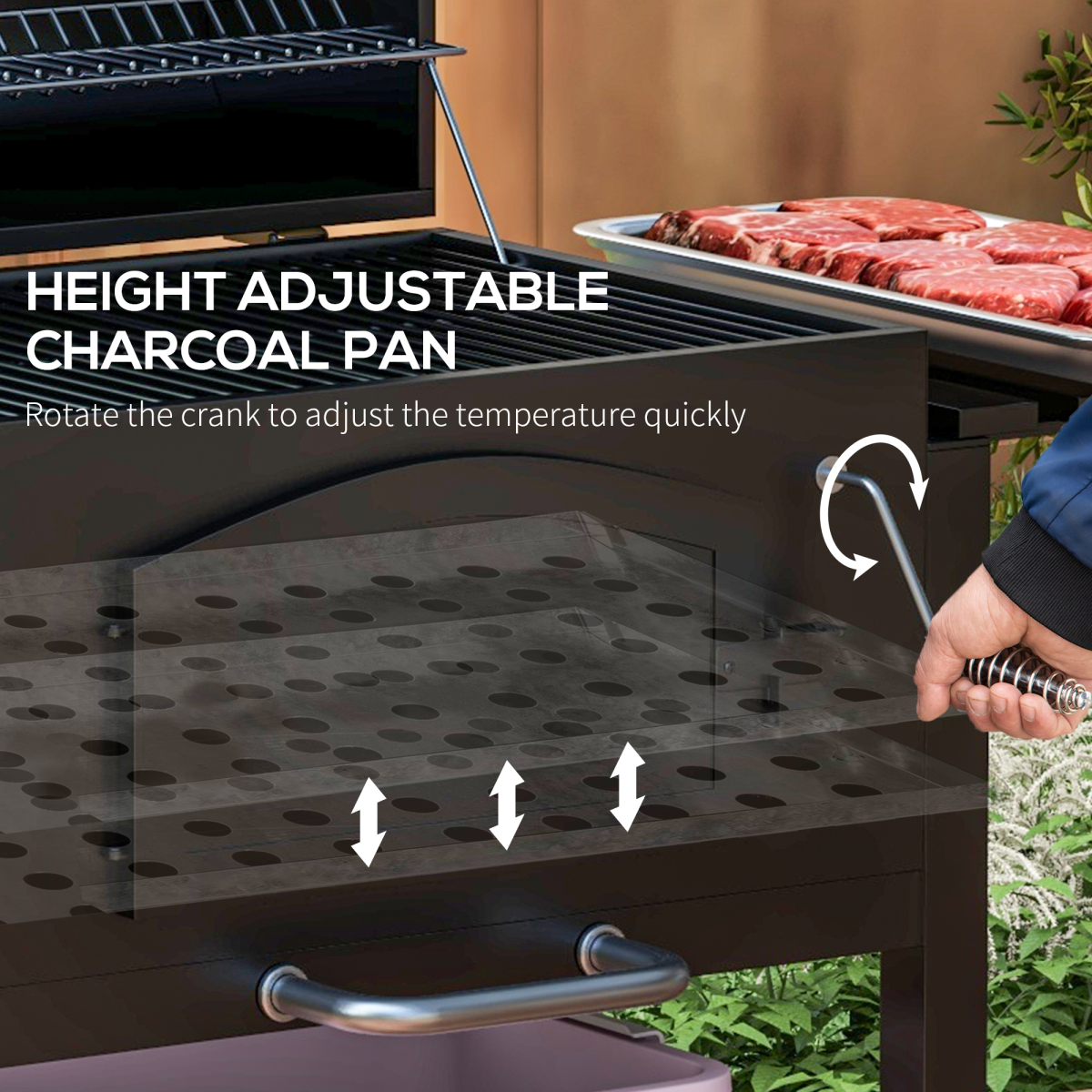 Charcoal Grill BBQ Trolley w/ Adjustable Charcoal Height & Thermometer