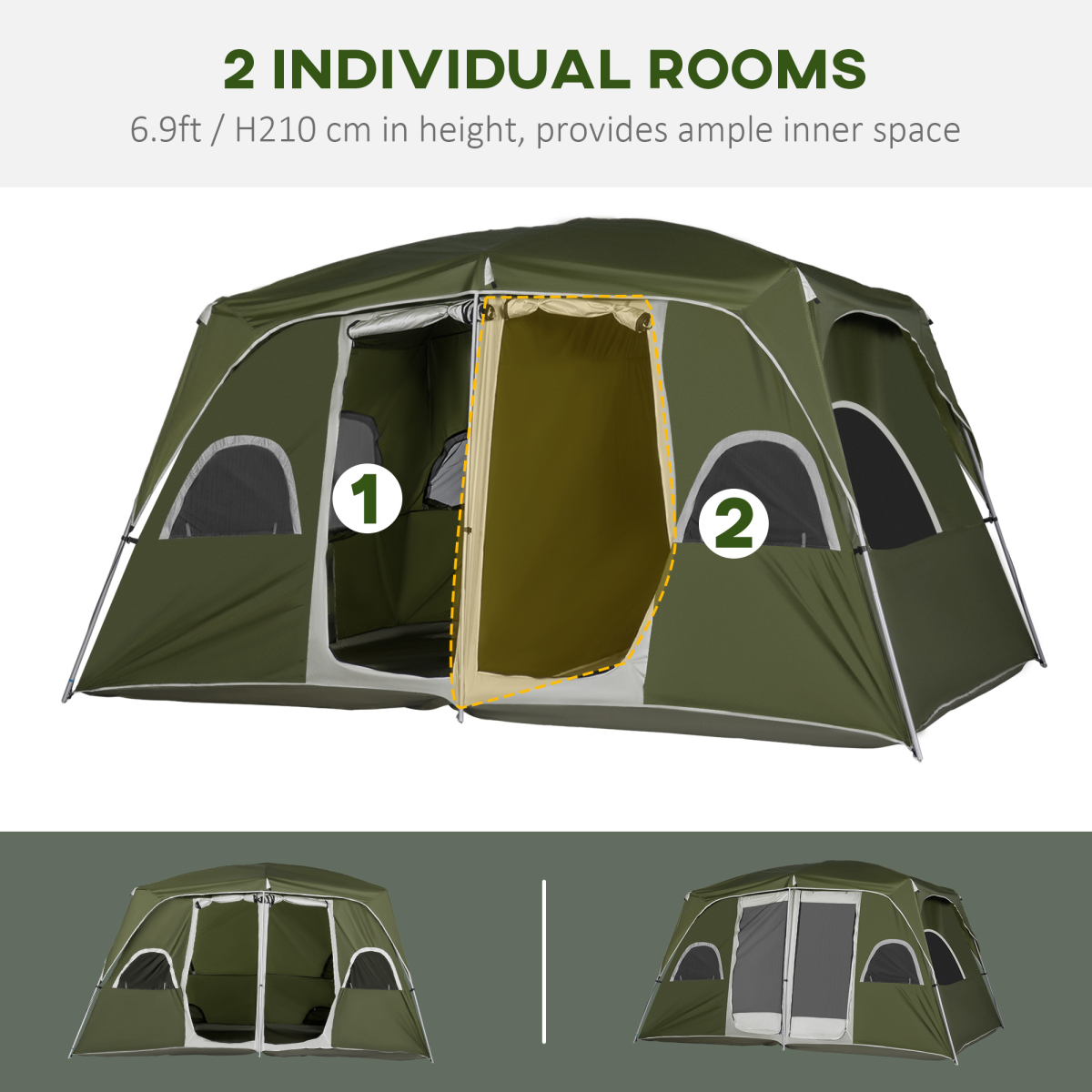 Camping Tent, Family Tent 4-8 Person 2 Room Easy Set Up, Green Outsunny