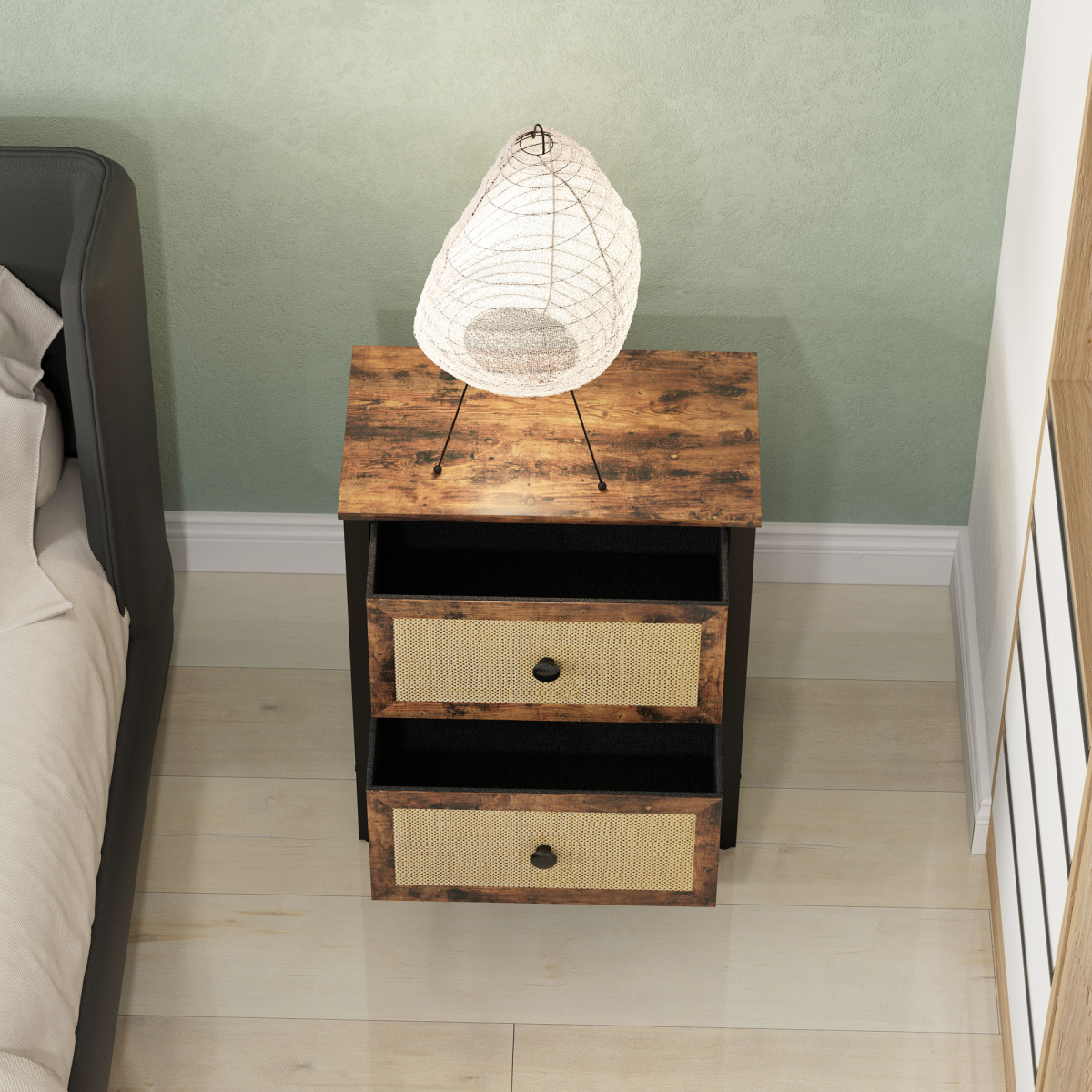 Bedside Table with 2 Rattan Drawers and Steel Legs, Rustic Brown