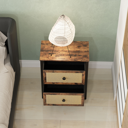 Bedside Table with 2 Rattan Drawers and Steel Legs, Rustic Brown