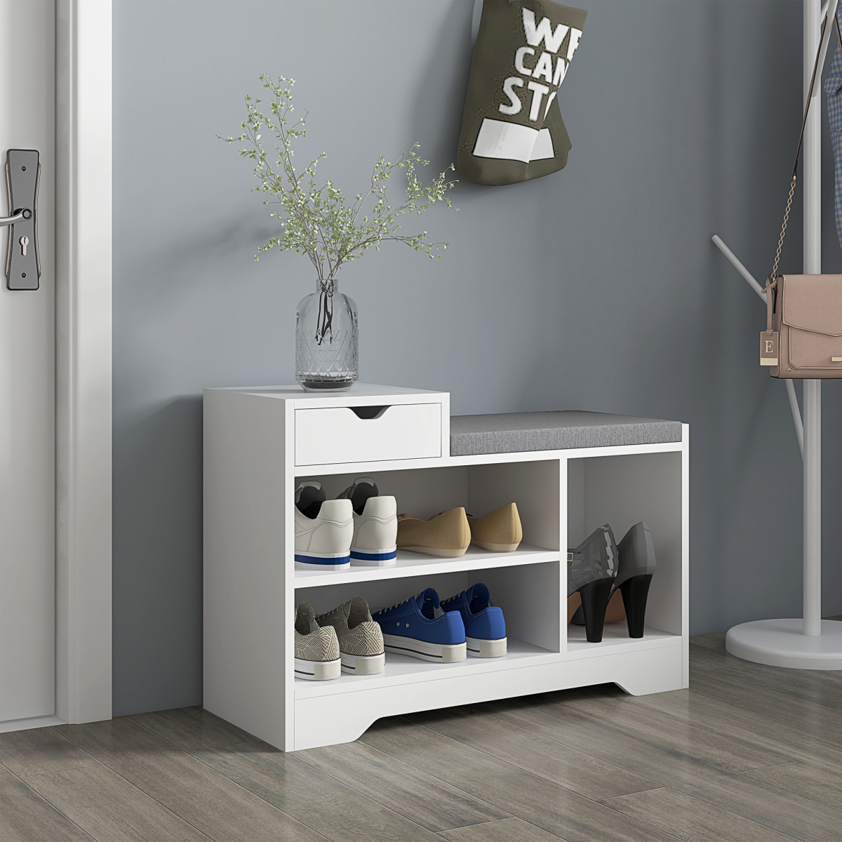 Upholstered Entryway Shoe Bench with Storage Drawer Open Shelf White