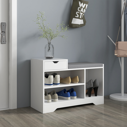 Upholstered Entryway Shoe Bench with Storage Drawer Open Shelf White