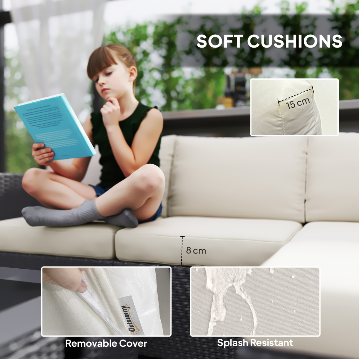 4 Seater Rattan Sofa Set with Footstool Thick Cushions Black Cream