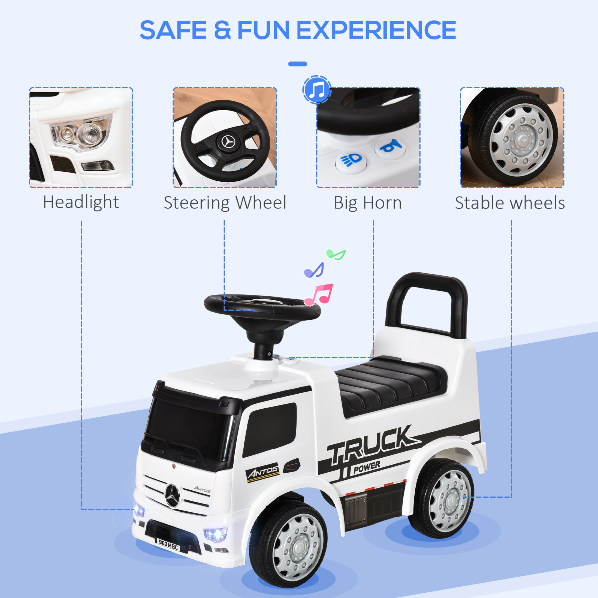 3-in-1 Ride On Car Kids Mercedes Truck Storage for 12 - 36 Months White