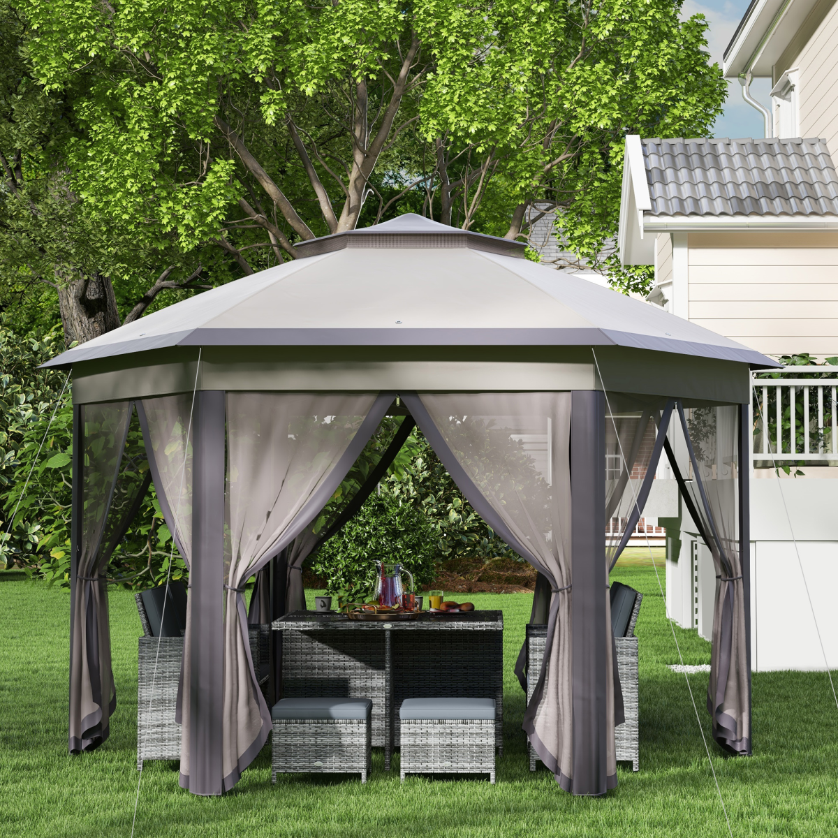 Metal Frame Mesh Draped 2-Tier Roof Gazebo