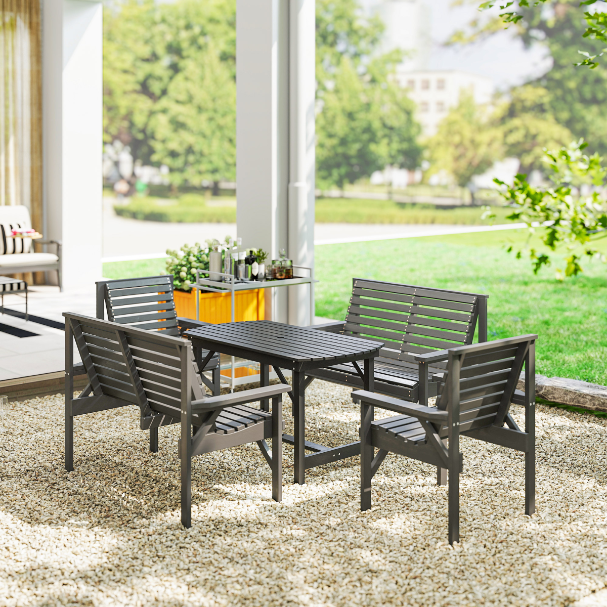 Patio Dining Set Wooden Table and Chairs w/ Umbrella Hole Grey 5PC