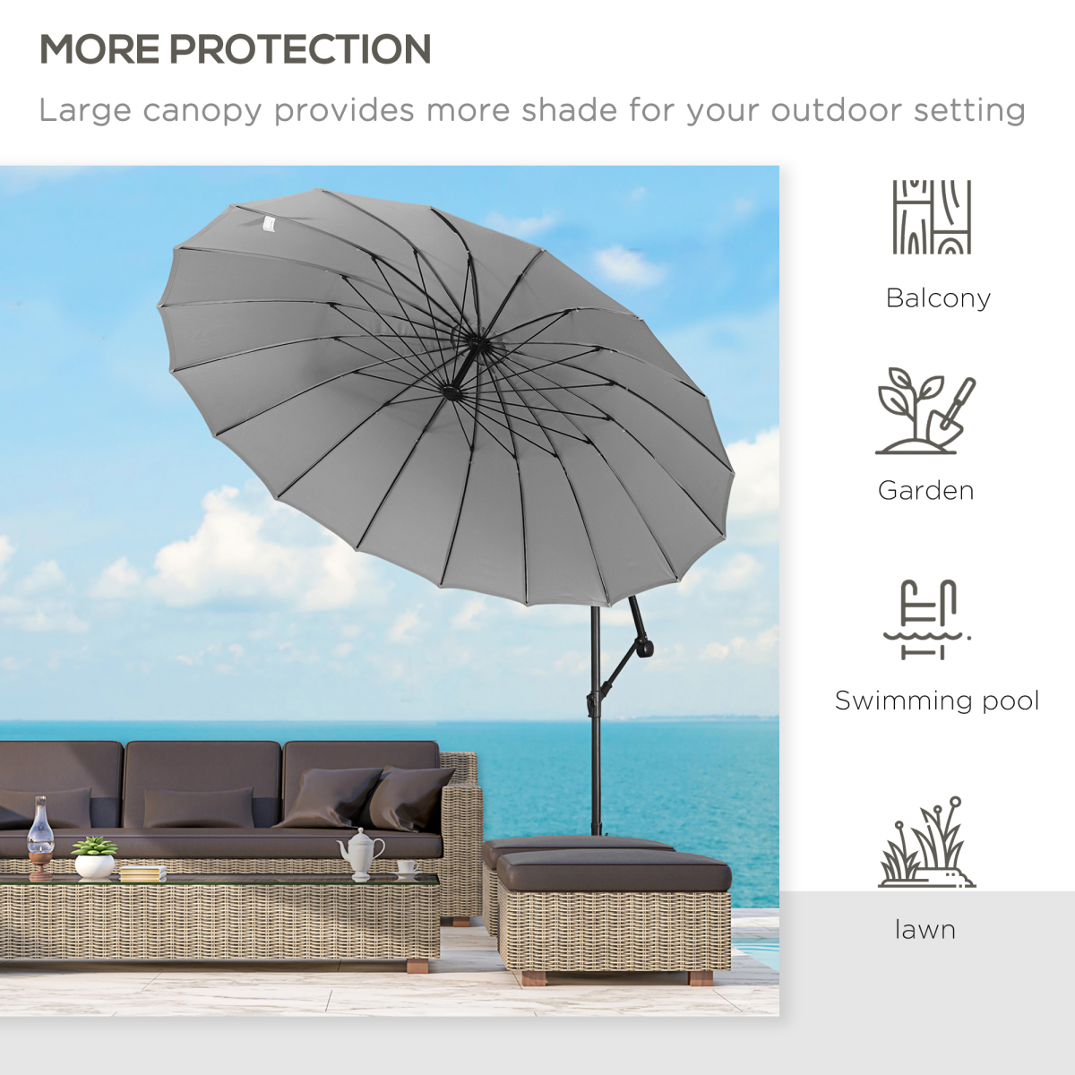 3(m) Cantilever Shanghai Parasol w/ Crank Handle, Cross Base, Grey Outsunny