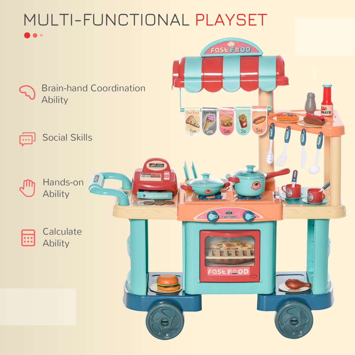 Kids Kitchen Play set Pretend Trolley Cart Toys for Age 3-6 50 Pcs