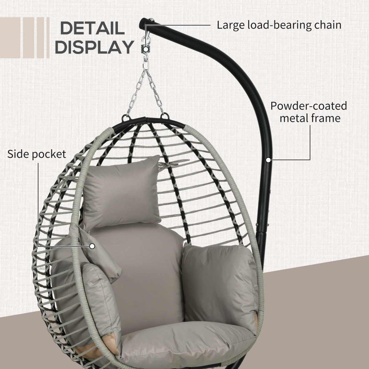 Hanging Swing Chair with Thick Cushion, Patio Hanging Chair, Grey