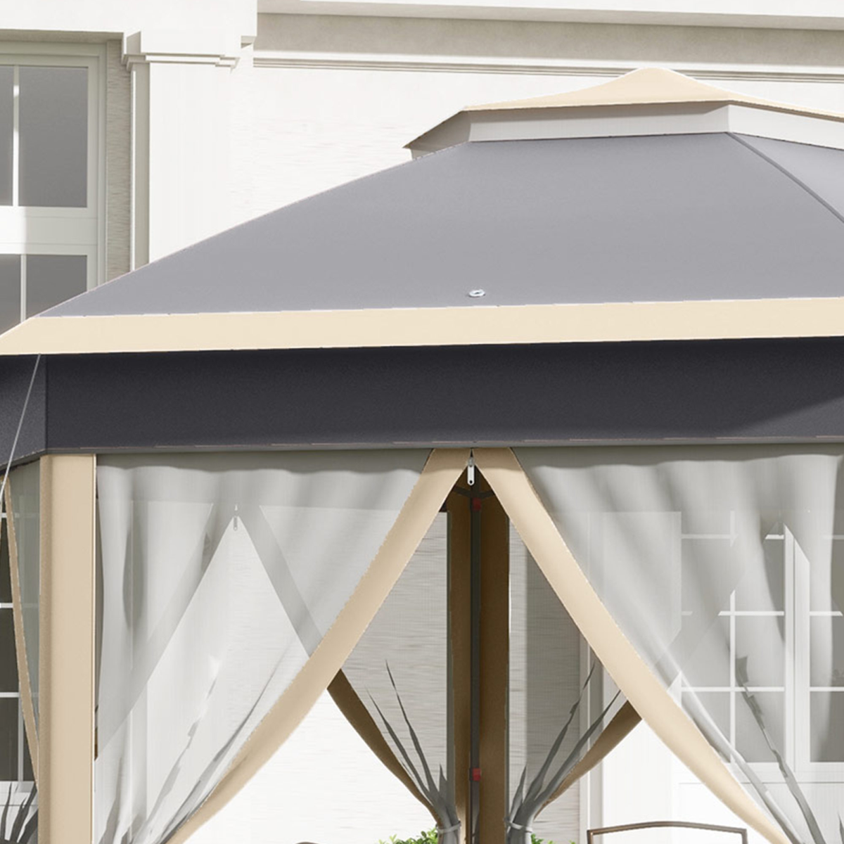 3x4m Hexagon Gazebo w/ Metal Frame Mesh Curtains Outdoor Garden, Khaki