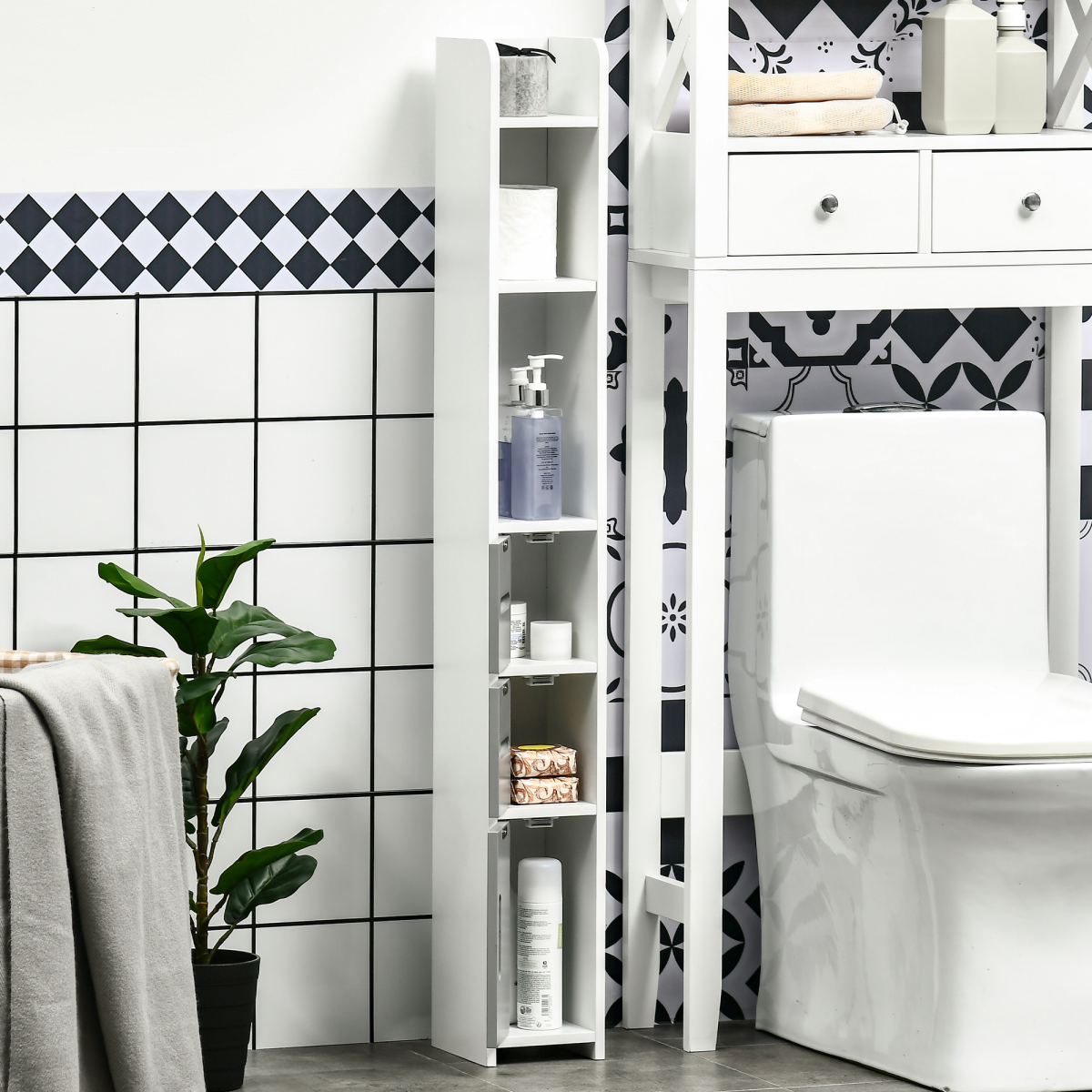 Freestanding Tall Bathroom Cabinet W/ Open Shelves 3 Cupboards, Grey