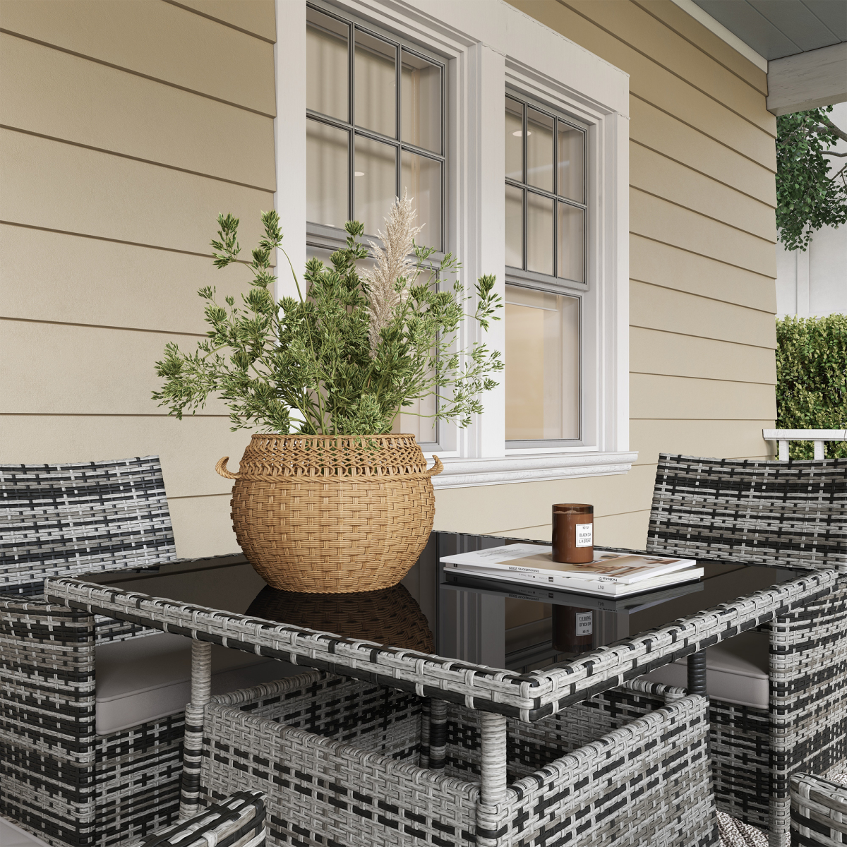 4 Seater Rattan Garden Furniture Set w/ Tempered Glass Tabletop - Grey