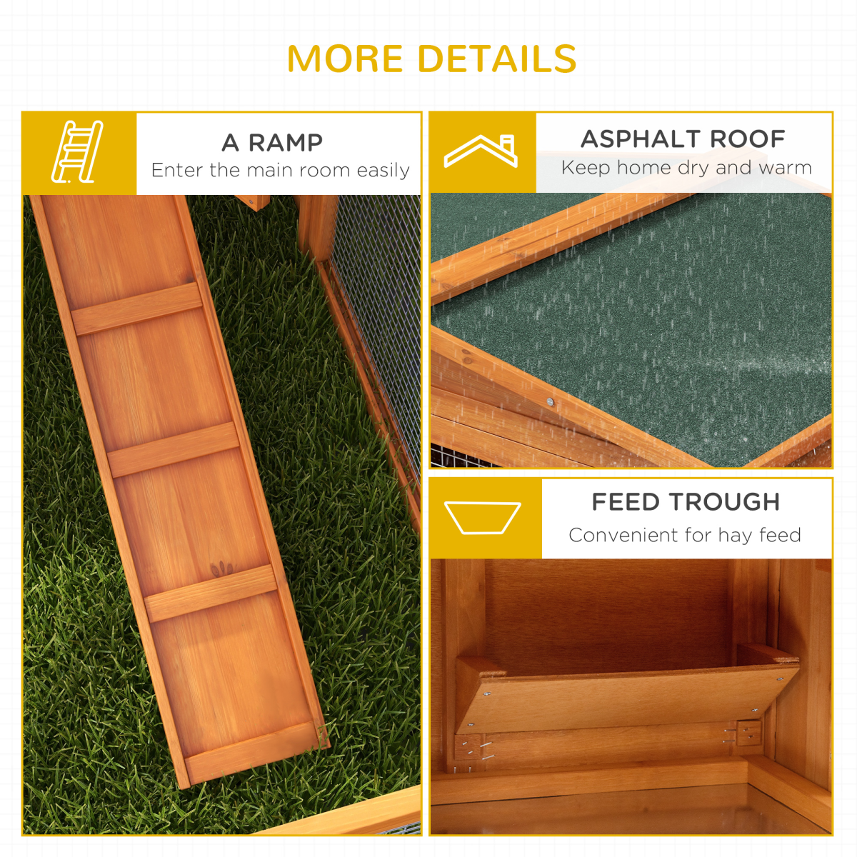 Rabbit Hutch and Run Outdoor Sliding Tray Hay Rack Ramp, 156x58x68 cm