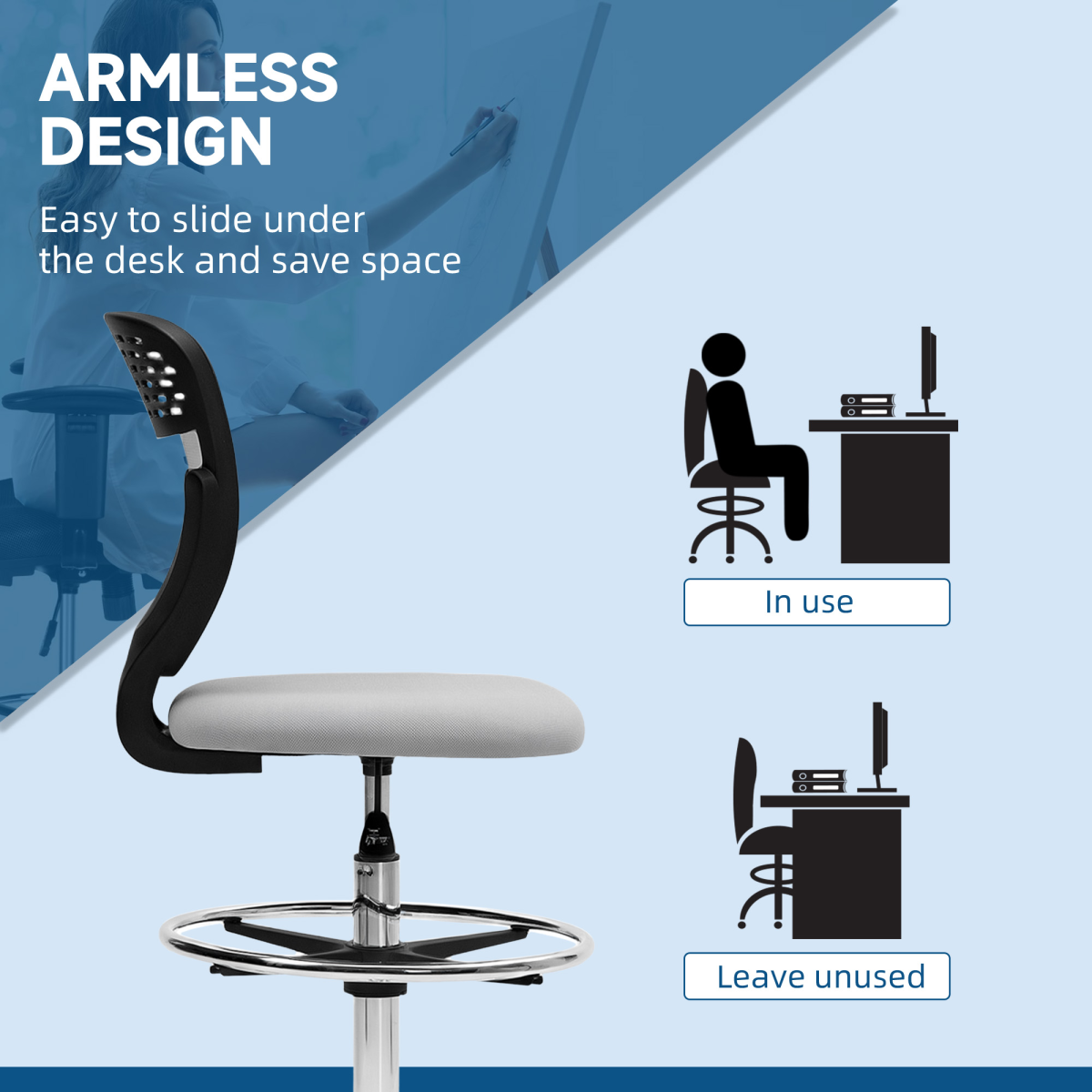 Draughtsman Chair, Office Chair with Wheels, Light Grey
