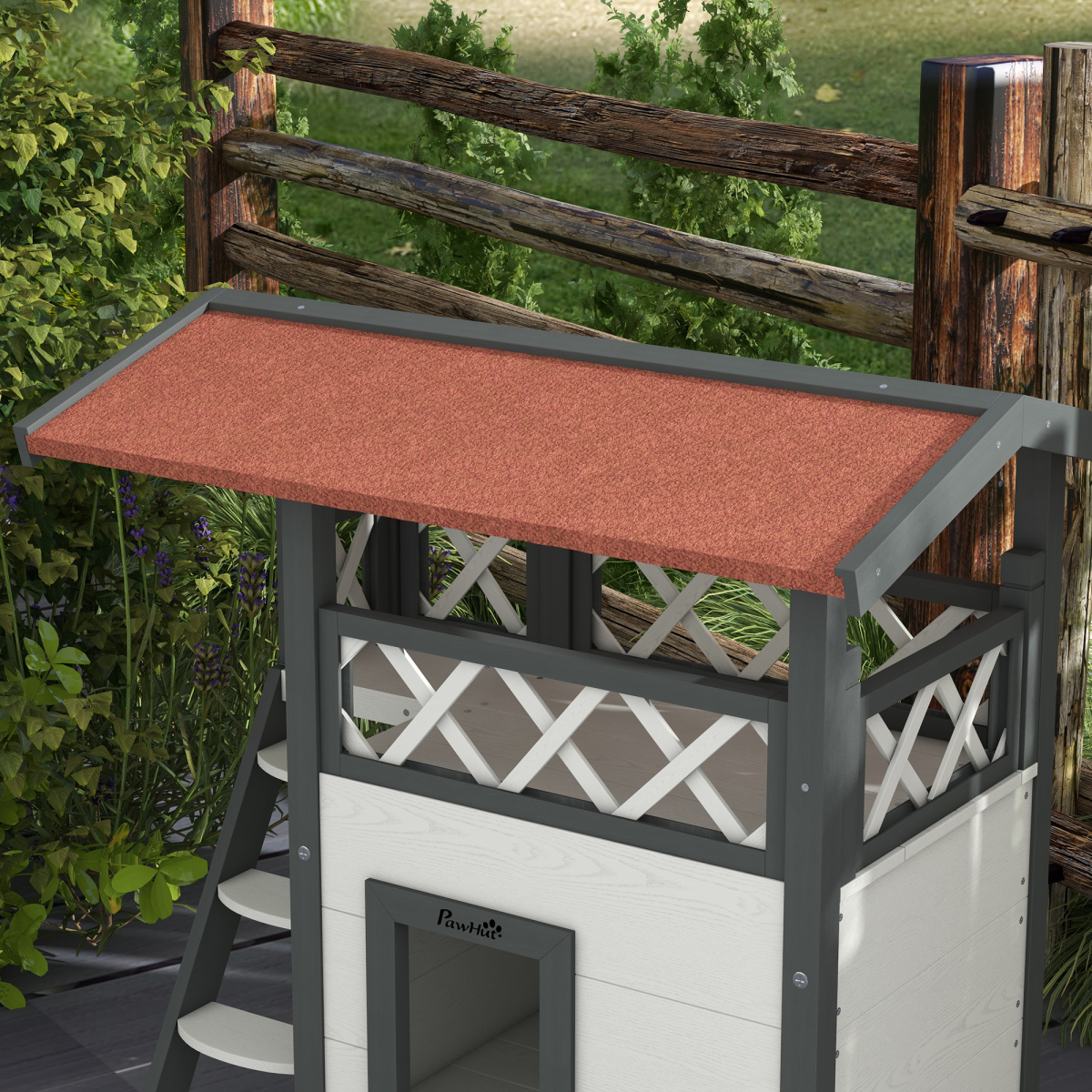 Outdoor Cat House with Balcony Stairs Roof, White