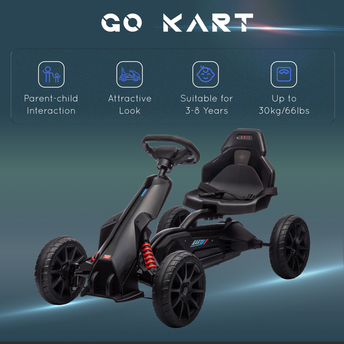 Children Pedal Go Kart with Adjustable Seat, Handbrake - Black