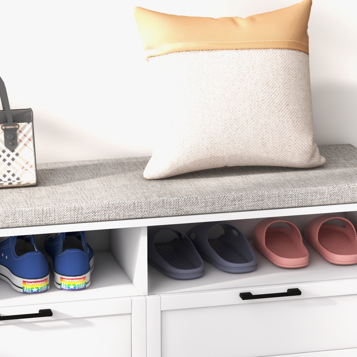 Shoe Bench with Removable Cushion, Open Compartments and Drawers