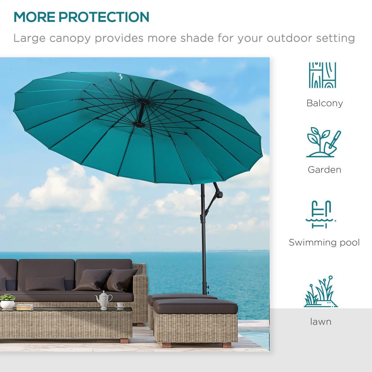 3(m) Cantilever Shanghai Parasol Crank Handle, Cross Base, Turquoise Outsunny