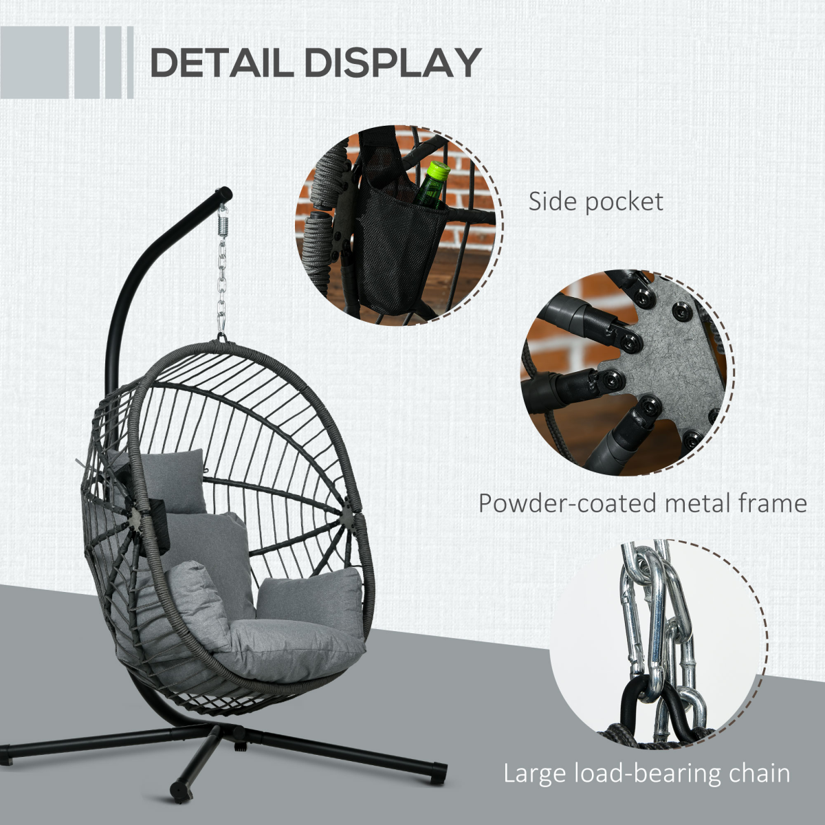 Hanging Swing Chair w/ Thick Cushion, Patio Hanging Chair, Grey