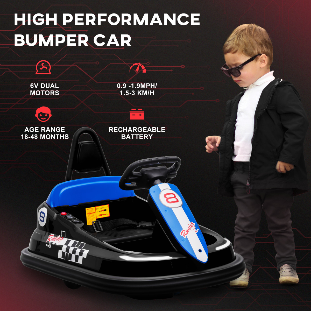 Kids Bumper Car, 360-Degree Rotation Waltzer Car w/ 2 Speeds - Black 6V