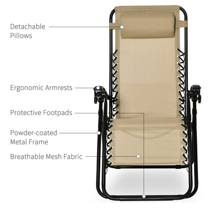 Zero Gravity Chairs Sun Lounger Table Set w/ Cup Holders, Beige 3PC