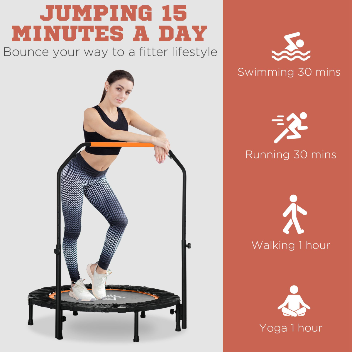 40" Foldable Mini Fitness Trampoline Rebounder Adjustable Foam Handle