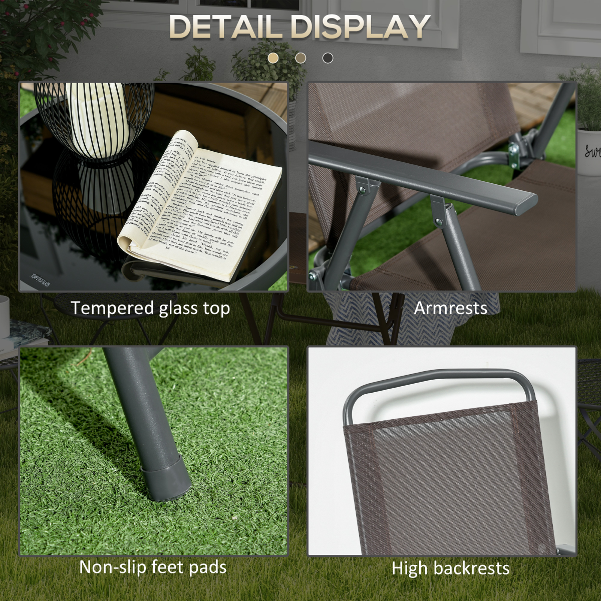 Patio Bistro Set Folding Chairs & Coffee Table for Balcony, Brown
