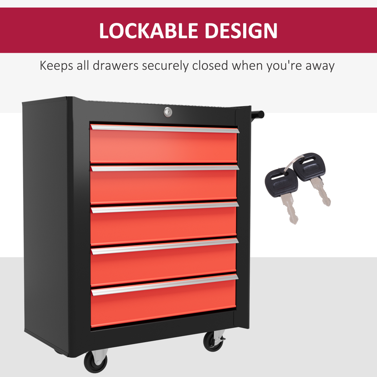 5-Drawer Tool Chest Steel Lockable Tool Storage Cabinet w/ Wheels Red