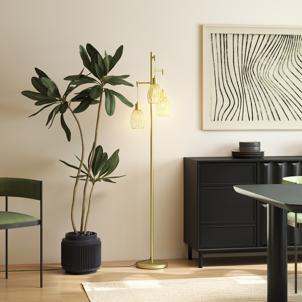 Industrial 3-Light Floor Lamp Dimmable Standing Lamp, Gold