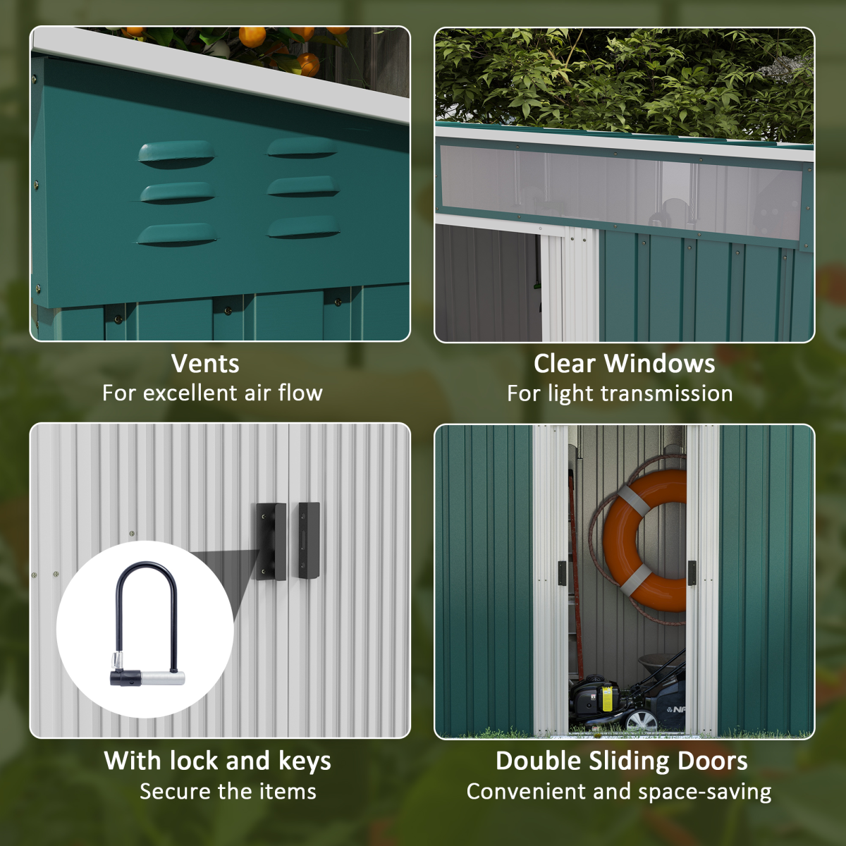 6.5x4FT Garden Shed with Foundation Lockable Metal Tool Shed Green