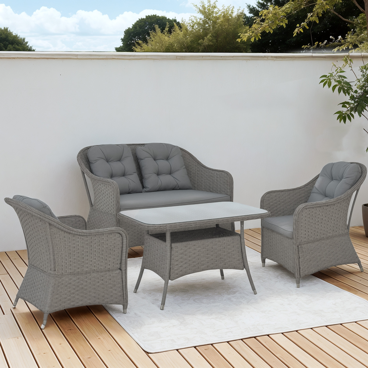 Rattan Garden Furniture, Padded Cushions Conversation Sofa Set 4 PCS