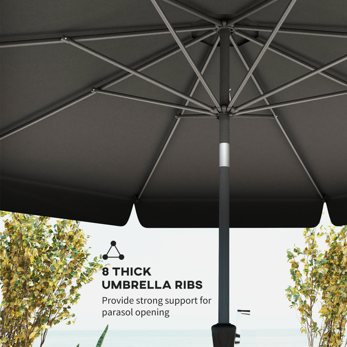 2.7m Patio Umbrella Garden Parasol with Crank, Ruffles, 8 Ribs, Black