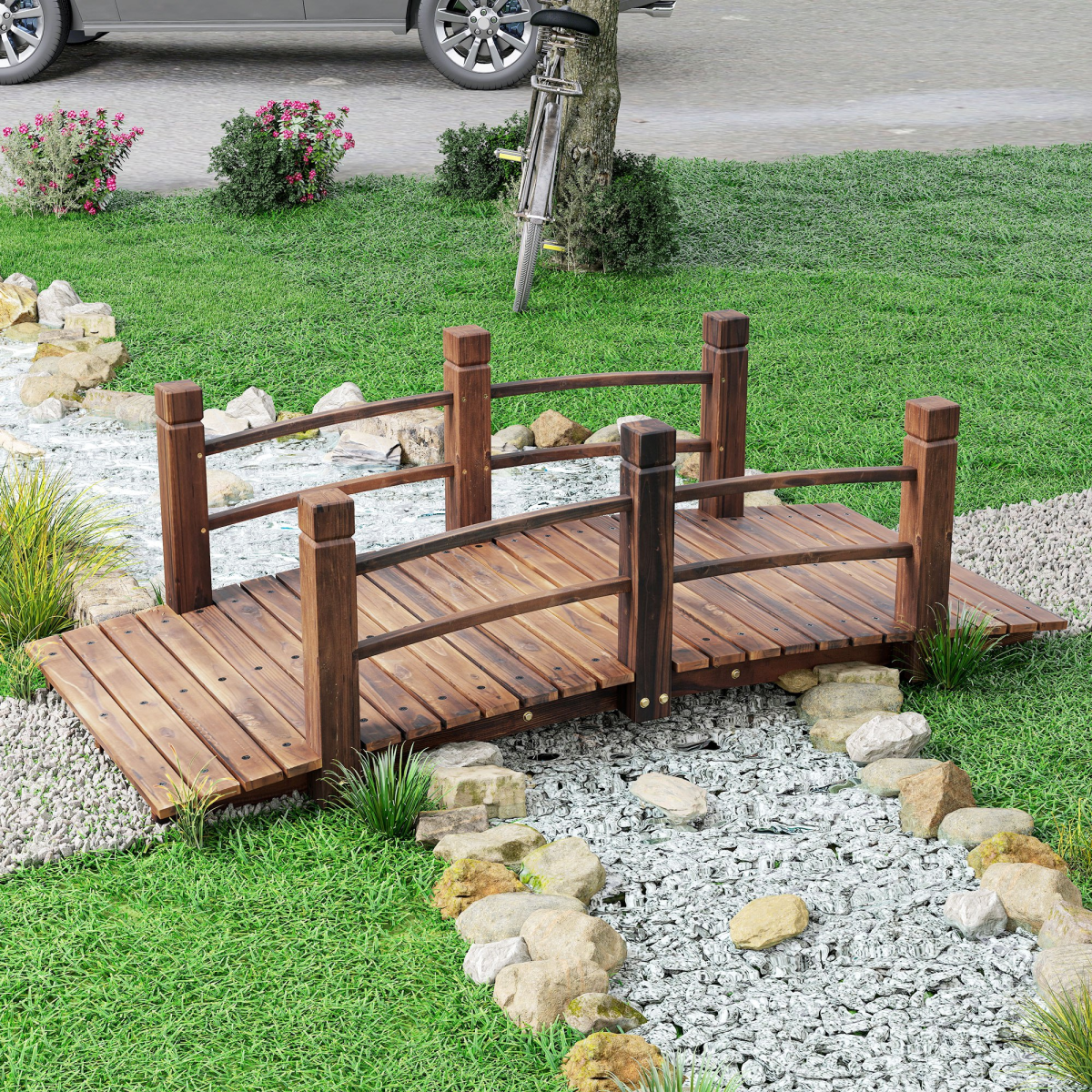 Wooden Garden Bridge Lawn Decor Stained Finish Arc Outdoor Pond Walkway
