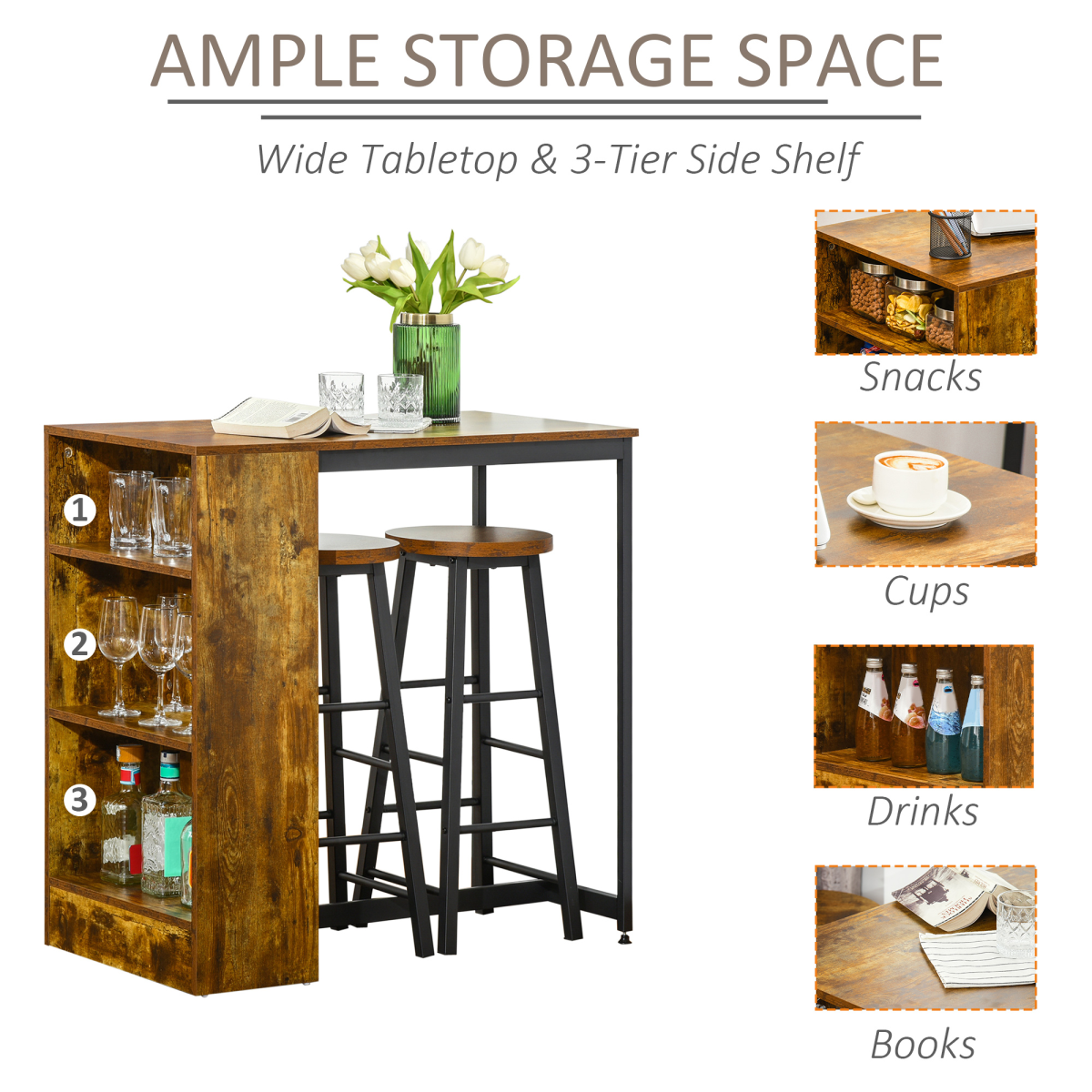3 Pieces Bar Table Set Height Table 2 Stools w/ Storage Shelf, Footrest