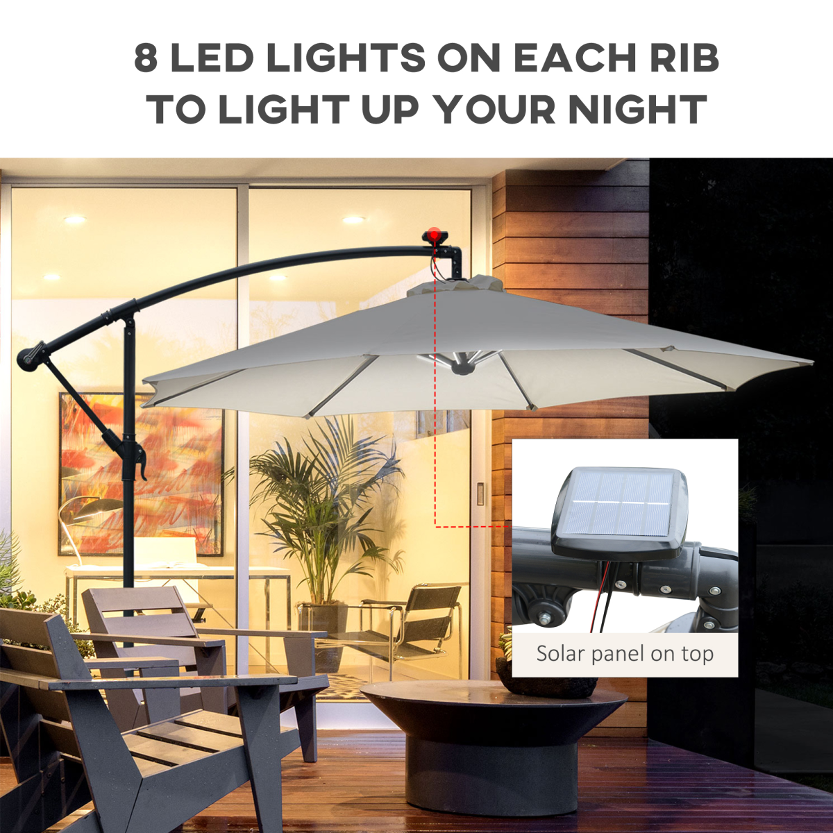 Umbrella Parasol W/Solar Powered LED stripes, 2.95x2.45H m-Cream