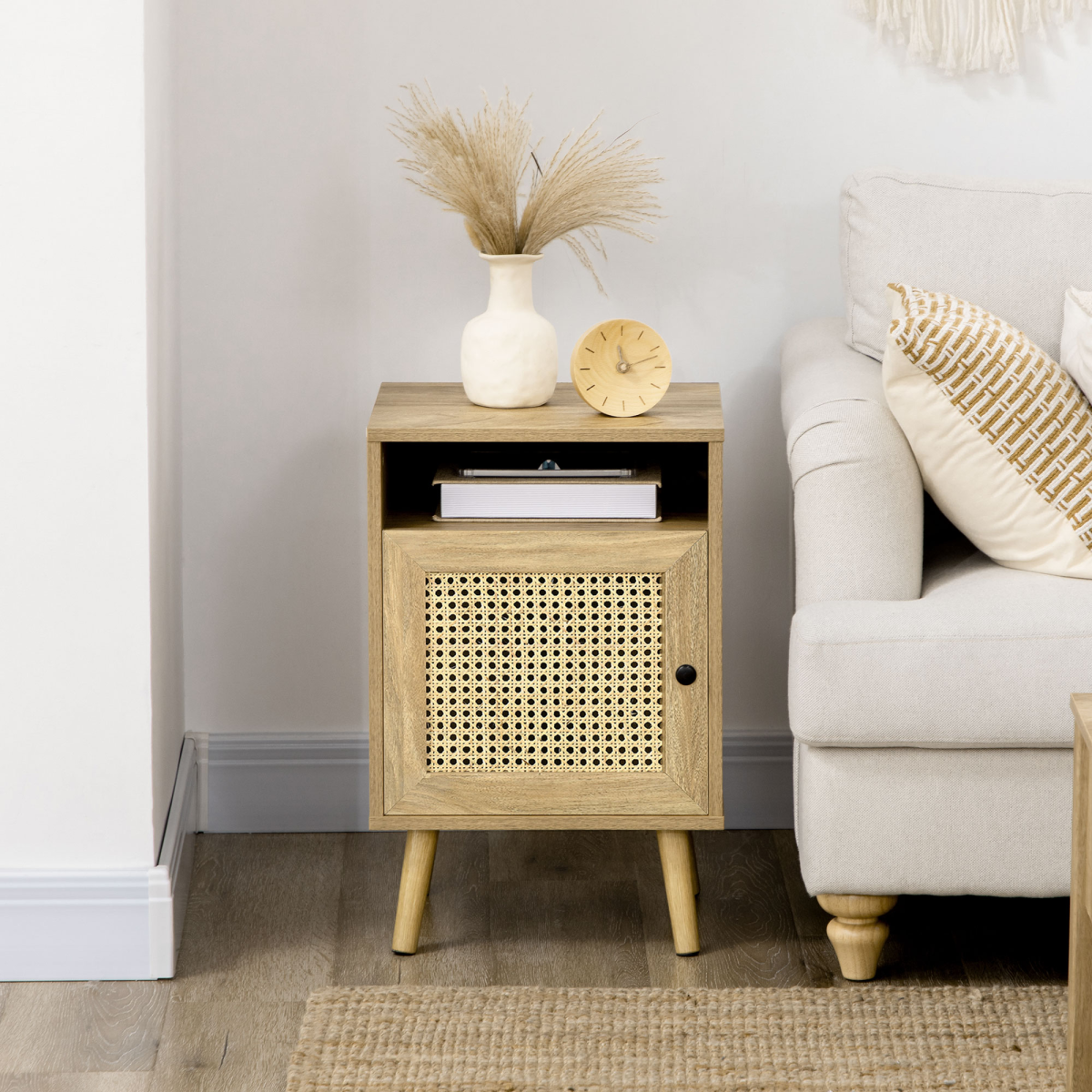 Nightstand, Rattan Bedside Table, Sofa Side Table w/ Cabinet, Shelf