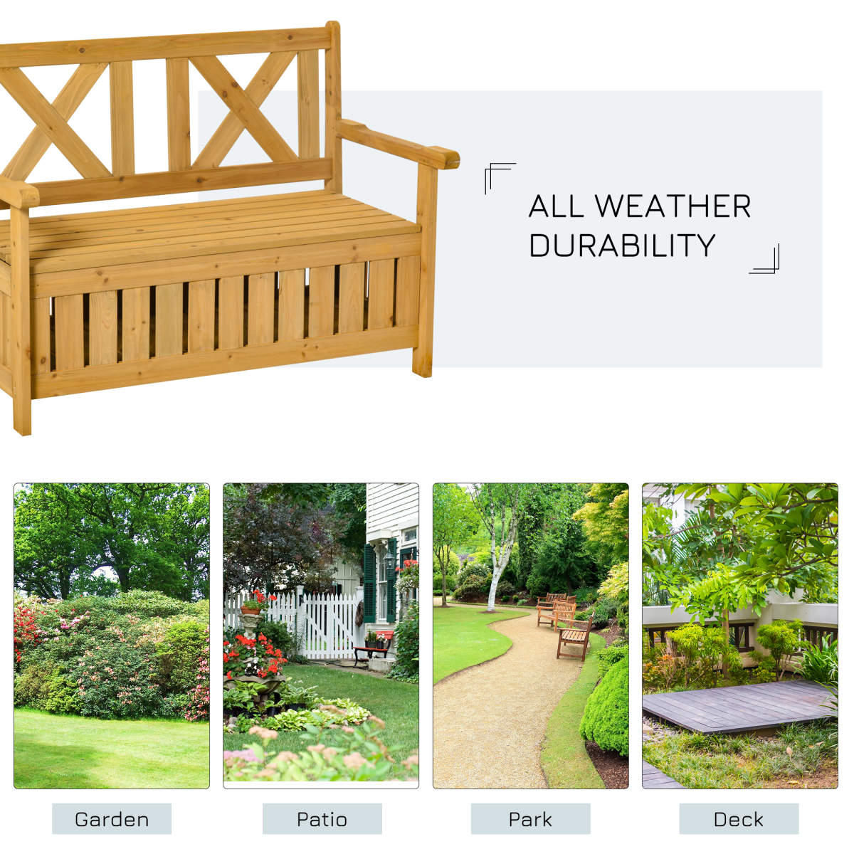 2-Seater Garden Storage Bench for Patio Wood Porch Decor Outdoor Seating