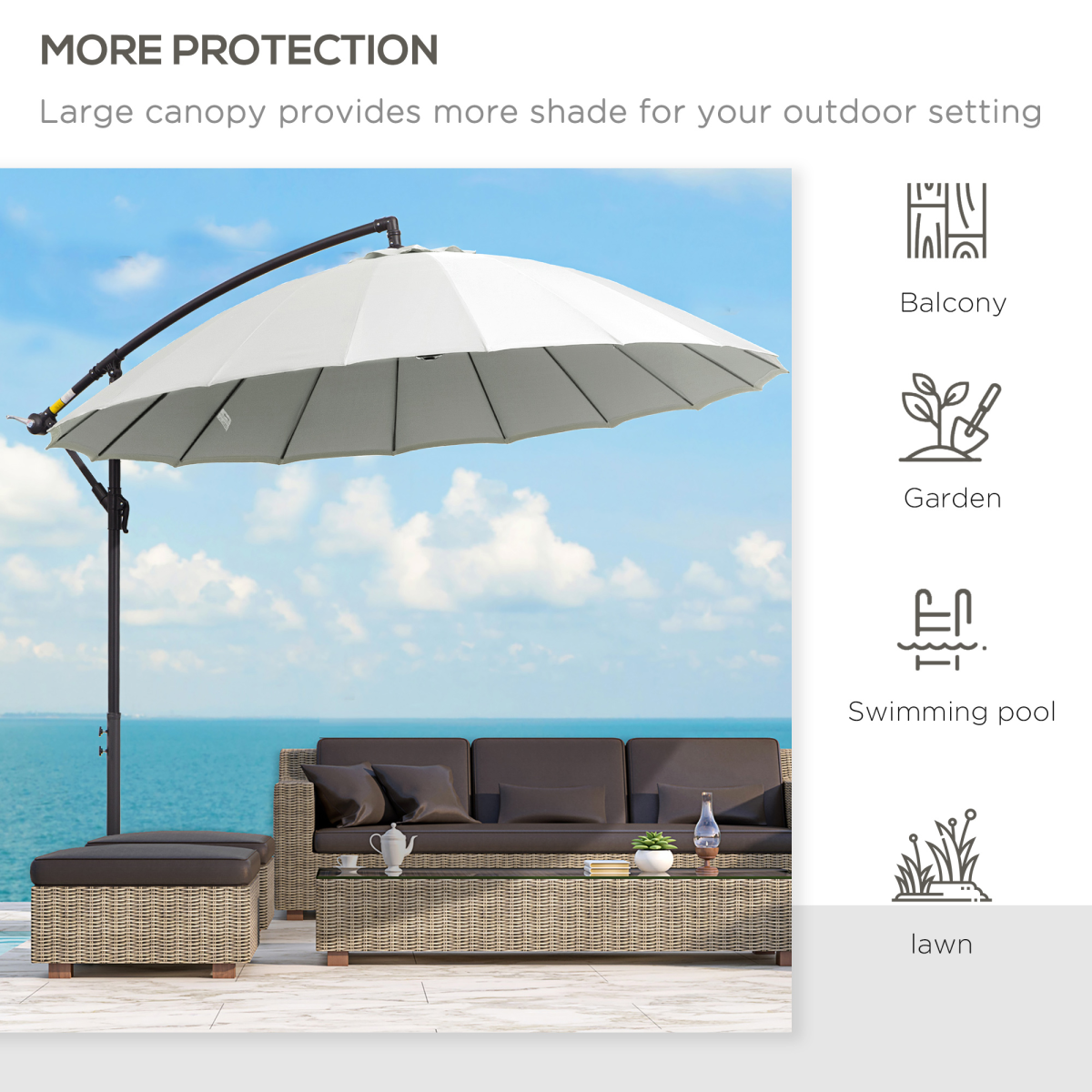 3(m) Cantilever Shanghai Parasol Crank Handle, Cross Base, Off-White Outsunny