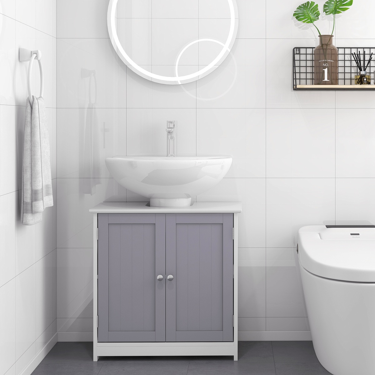 Under-Sink Storage Cabinet w/ Adjustable Shelf Grey White 60x60cm