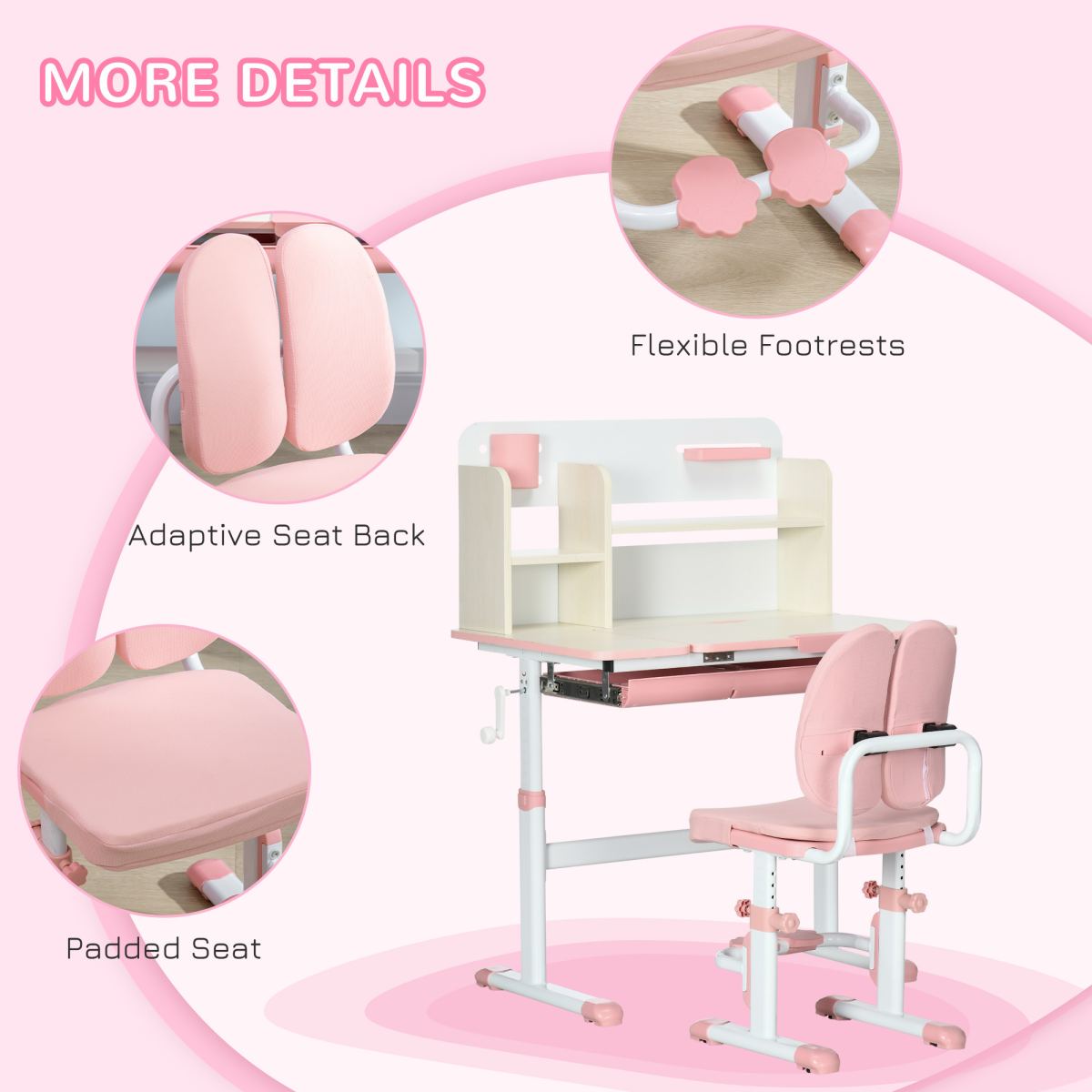 Kids Desk and Chair Set with Storage Shelves, Washable Cover - Pink
