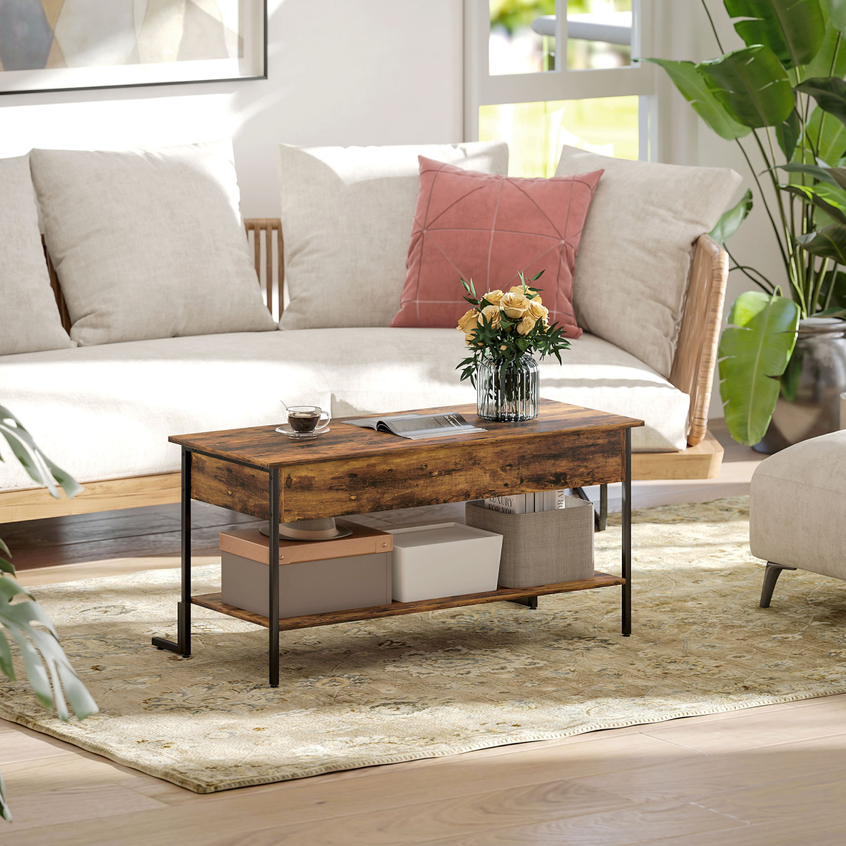 Industrial Lift Top Coffee Table with Storage Shelf Rustic Brown