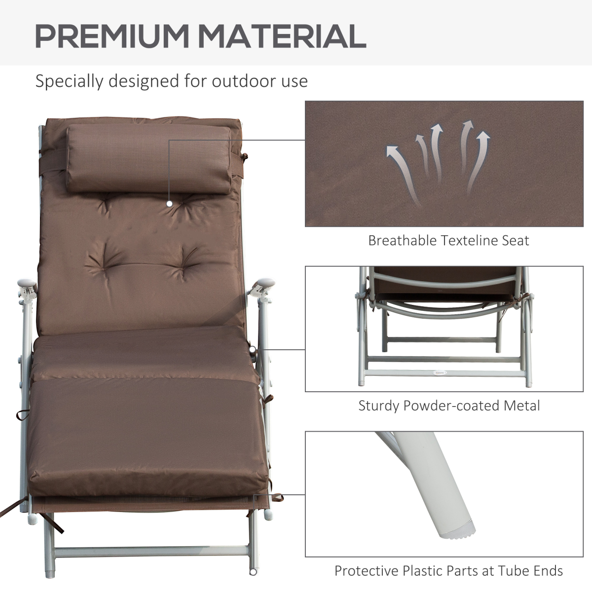 Steel Frame Outdoor Garden Padded Sun Lounger w/ Pillow Brown