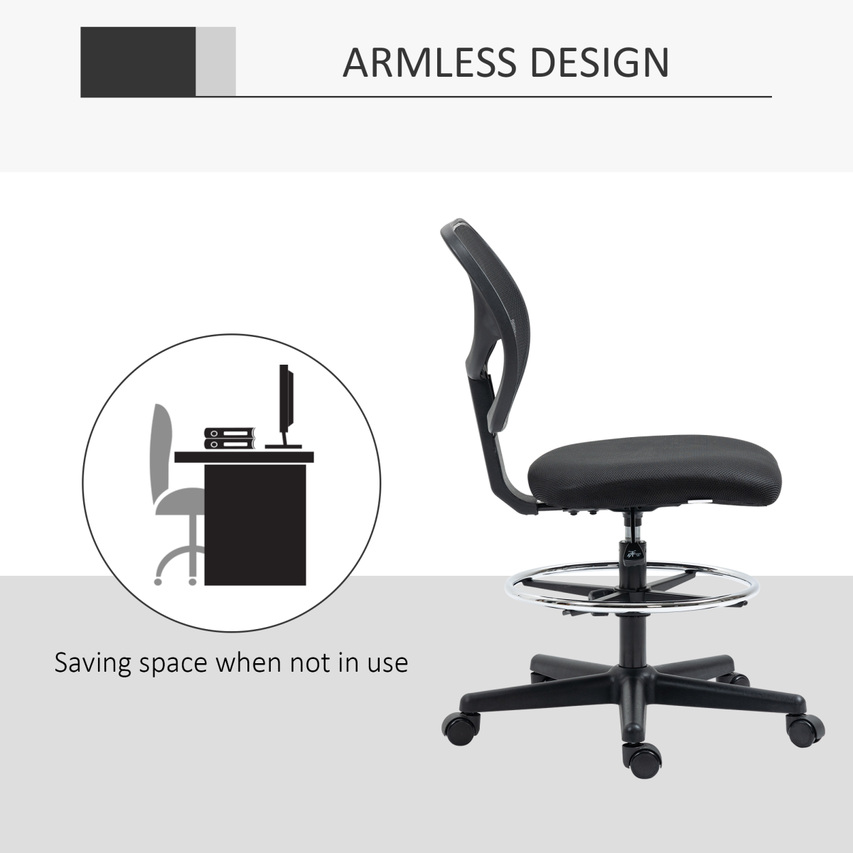 Draughtsman Chair Tall Office Chair w/ Adjustable Footrest Ring Black