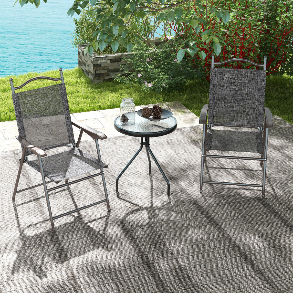 Folding Chairs Set with Armrest, Breathable Mesh Fabric Seat, Grey