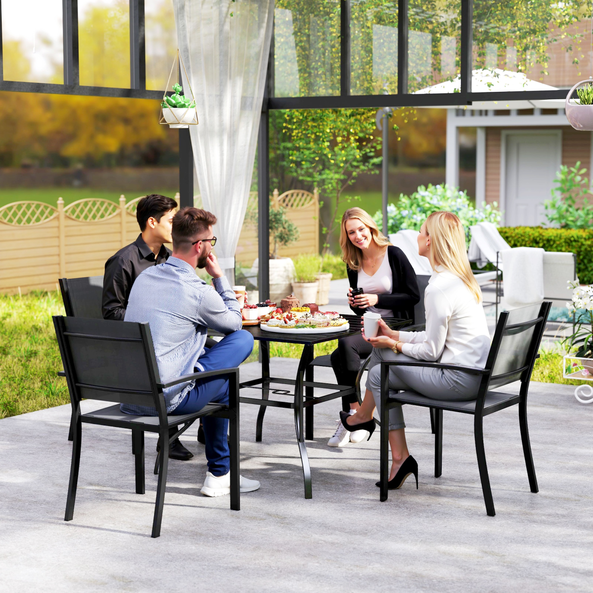 Garden Table with Parasol Hole for Four, Slatted Metal Plate Top