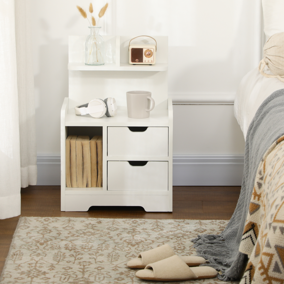 HOMCOM Modern Bedside Table w/2 Drawer and Storage Shelves Chest for Bedroom