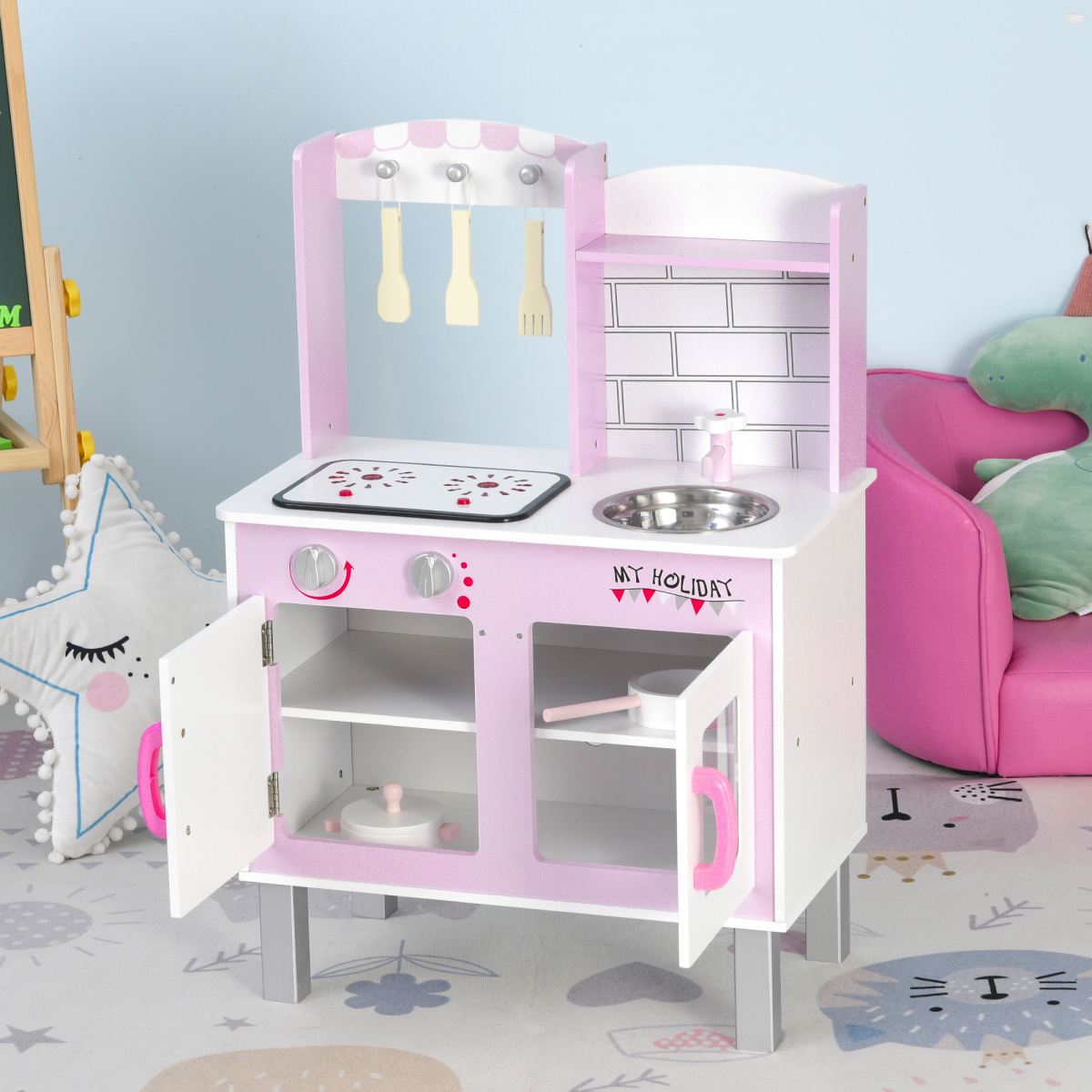 Kids Kitchen Play Set Sounds Utensils Pans Storage Child Role Play